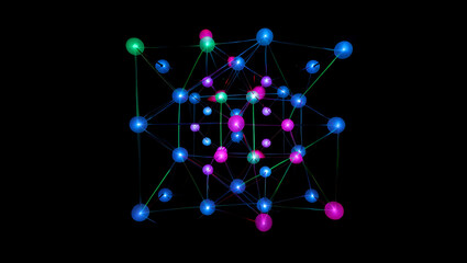 Abstract glowing molecular structure with interconnected nodes and vibrant colored spheres against a black background
