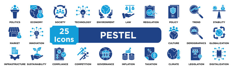 PESTEL icon collection set. Containing politics,economy,society,technology,environment,law,regulation,policy,trend,stability icon. dual tone vector.	