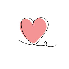 Continuous line drawing of a heart, black and white vector minimalist love concept illustration.