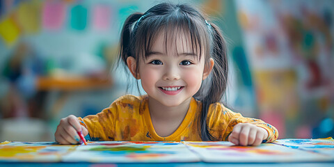 A smiling girl paints, showcasing childlike joy and creativity.