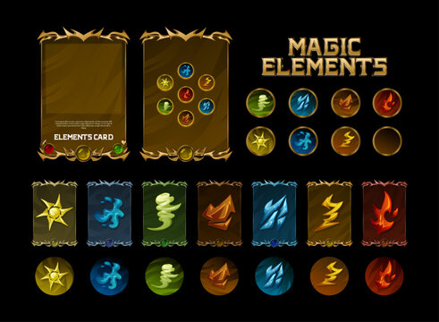 set of magic elements card tcg game with fantasy ancient gothic medieval theme with fire, sun, water, wind, earth, lightning, fire button spell symbol