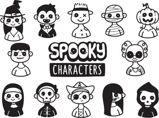 Spooky Halloween Characters Doodle Set – Vampire, Zombie, Witch, Creepy, Costume, Scary Faces
