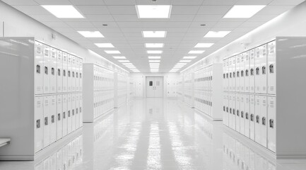 Long, sterile corridor lined with rows of white metal lockers under bright, recessed lighting; highly polished floor reflects light