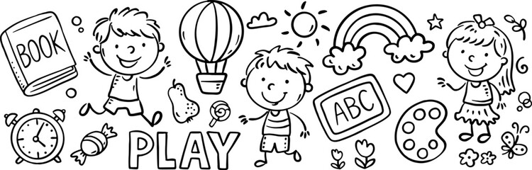 School-themed black and white doodle cartoon border with kids