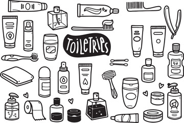 Toiletries Doodle Icons Set – Hygiene, Bathroom Essentials, Grooming, Cosmetic, Travel Kit, Skincare