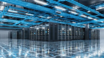 High-tech server room with orderly black server racks, colorful operational lights, blue ceiling cables, reflective grid-pattern floor, and futuristic atmosphere.