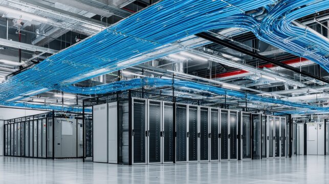 Modern data center interior with sleek server cabinets, reflective floor, blue ceiling cables, metal beams, ventilation ducts, and bright industrial lighting. - Powered by Adobe