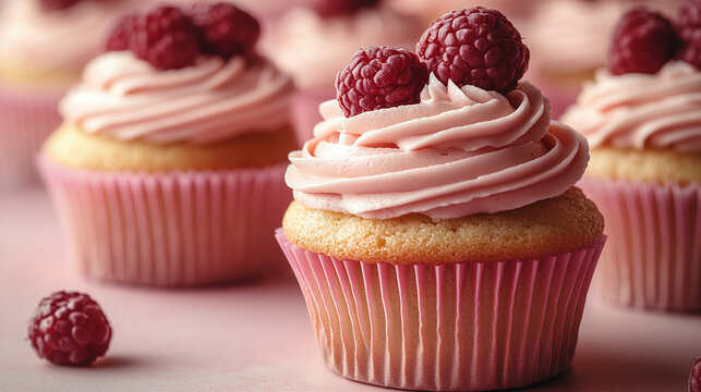 Delicious pink raspberry cupcakes for birthdays, celebrations, and sweet treats on a delightful dessert table, perfect for parties and events - Powered by Adobe