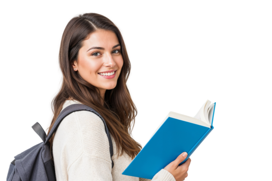 A smiling female student with a backpack reads a book, isolated on transparent background