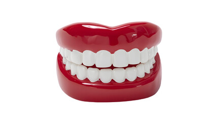 Obraz premium A playful wax model of a smiling mouth with bright red lips and white teeth, representing humor and creativity in art.
