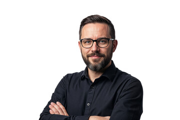 A serious man with glasses and a beard, arms crossed, isolated on transparent background