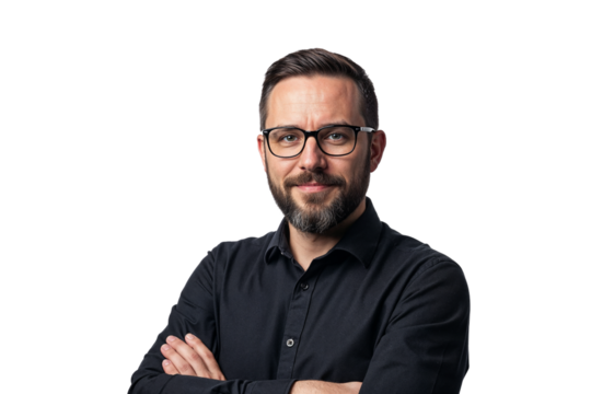 A serious man with glasses and a beard, arms crossed, isolated on transparent background
