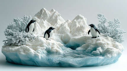 Adorable penguin figurines explore arctic landscape with snowy mountains and icy waters, perfect for educational materials or children's books