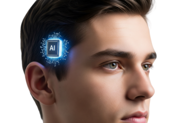 Innovative AI Technology Enhances Human Capability in Modern Life, Portrait of a Young Man, Futuristic Environment