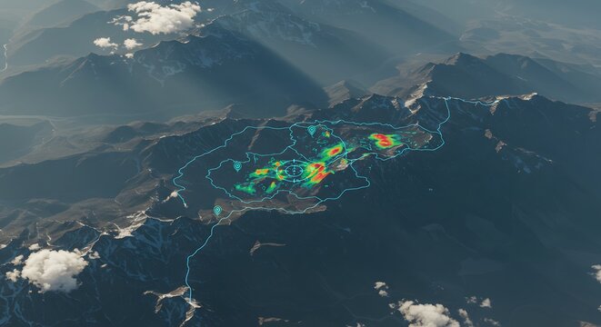 Aerial View of Mountain Valley with Heatmap Overlay Showing Population Density - Powered by Adobe