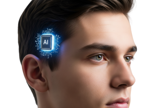 Innovative AI Technology Enhances Human Capability in Modern Life, Portrait of a Young Man, Futuristic Environment