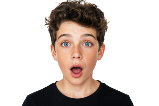 A surprised boy with curly brown hair and blue eyes, isolated on transparent background - Powered by Adobe