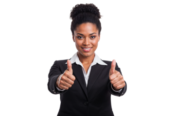 A smiling africanamerican businesswoman giving a thumbs up, isolated on transparent background