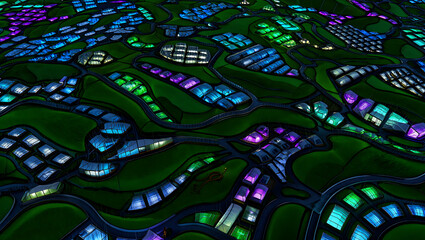 Futuristic glowing city scape at night with vibrant blue green and purple illuminated buildings: Quantum Garden Ecosystems