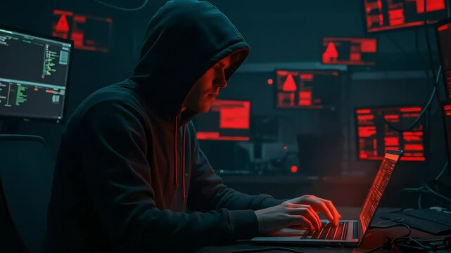 Mysterious figure in a hoodie working on a laptop amidst glowing screens in a dark room