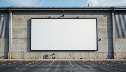 Obraz premium Blank white billboard on warehouse wall with parking lot. Empty sign for ad mock-up space, ideal for marketing, advertising design, branding promotion. Copy space for ad campaign, 32k resoltion