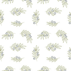 Seamless vector pattern with hand drawn olive branches and leaves. Mediterranean italian botanical design for kitchen textiles, packaging, wallpaper, wrapping paper, organic food products.