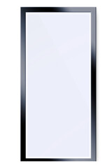 A simple rectangular mirror with a sleek black frame, reflecting light and surroundings.