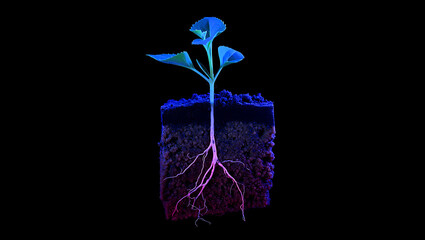 A vibrant plant seedling with visible roots illuminated by striking blue and purple neon lights against a black background: Quantum Garden Ecosystems