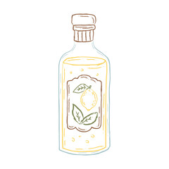 Hand drawn bottle of Italian lemon liqueur with label. Mediterranean vintage sketch illustration of limoncello for kitchen decor, restaurant menu design, packaging, drink branding, food projects.