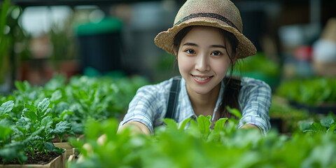 A cheerful young woman farmer smiles while working in her lush vegetable garden.