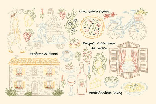 Italian lifestyle clipart set with hand drawn food, lemon, window, pizza, scooter, wine, cheese, house and summer quotes. Vintage Mediterranean vector illustrations for travel prints, cards.
