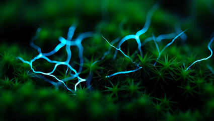 Abstract bioluminescent tendrils weaving through lush green moss in a macro nature scene: Quantum Garden Ecosystems