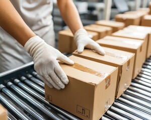 Worker packing boxes on conveyor belt in warehouse, efficient logistics operation