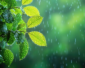 Fresh green leaves glistening with raindrops in a serene forest setting