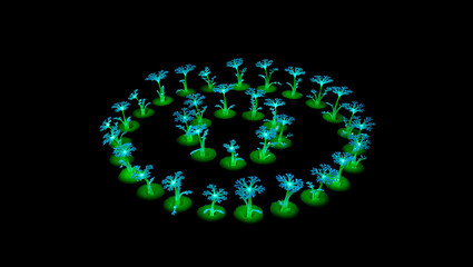 Bioluminescent coral like plants glow in a spiral pattern against a dark background: Quantum Garden Ecosystems