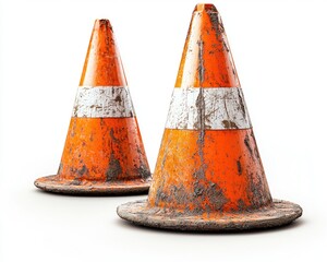 Two weathered traffic cones with white stripes on a clean background