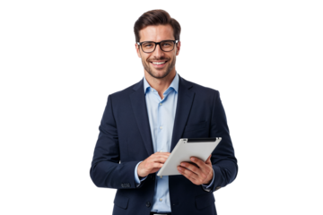 A smiling businessman in a suit holds a tablet, isolated on transparent background
