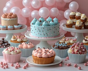 Colorful display of various cupcakes and a cake at a festive celebration