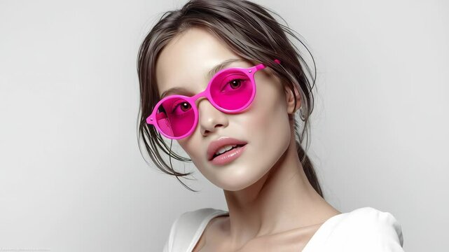 Young woman with long brown hair wearing stylish pink sunglasses, posing confidently against a soft gray background, showcasing modern fashion trends and vibrant accessory choices for contemporary sty