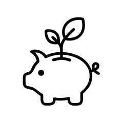 Obraz premium Eco Savings Icon – Piggy Bank with Plant Growth Line Art Symbol