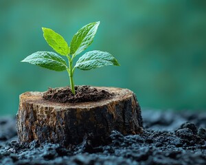 Fresh green plant sprouting from tree stump in earthy soil with blurred background