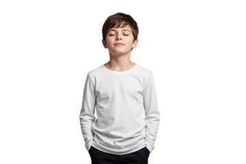 A boy with his eyes closed, wearing a white longsleeved shirt, isolated on transparent background