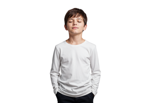 A boy with his eyes closed, wearing a white longsleeved shirt, isolated on transparent background