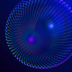 Abstract 3d sphere. Mesh of sphere with points on dark background. Science and technology. 3d