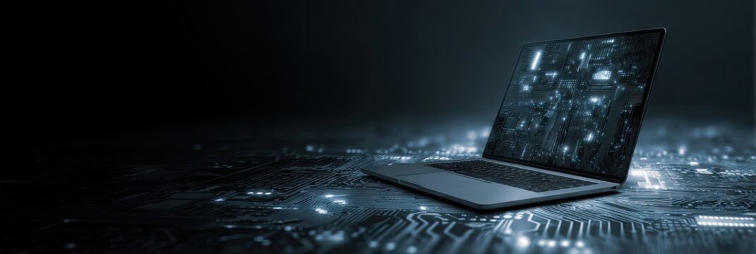 Sleek laptop rests on a futuristic circuit board, its screen displaying complex data streams, set against a dark, atmospheric background