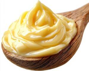 Creamy yellow condiment on a wooden spoon, showcasing texture and color