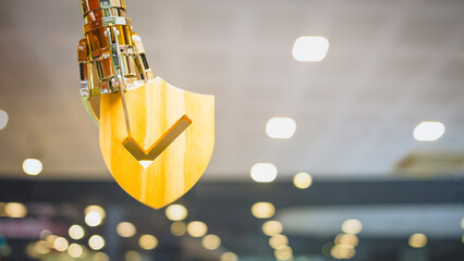 A robotic arm selects an insurance symbol with a checkmark, representing AI-powered personalized insurance choices for individual lifestyles.