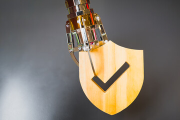 A robotic arm selects an insurance symbol with a checkmark, representing AI-powered personalized insurance choices for individual lifestyles.