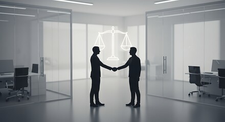 Fototapeta premium Handshake with Scales of Justice in Office - Business Deal