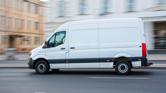 White delivery van in motion blur on city street. Commercial cargo van for logistics and transport. Express delivery vehicle on the move